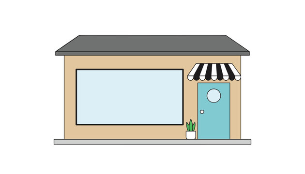 Small cozy shop storefront flat vector illustration with a large display window, striped awning, and a blue door.