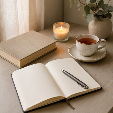 Cozy tea and journaling setup in warm natural light