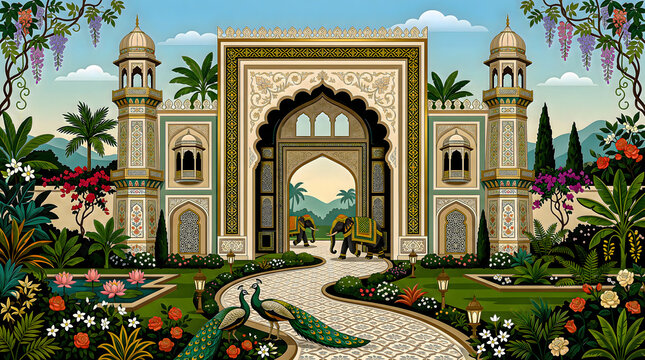 An ornate mughal garden gateway stands prominently amidst lush vegetation and two peacocks architecture palace historical indian islamic floral