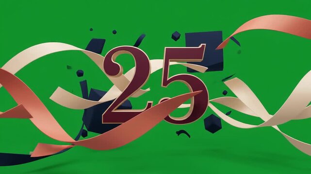 Elegant 25th Anniversary Celebration Concept with Flowing Silk Ribbons and Geometric Accents on a Vibrant Green Background