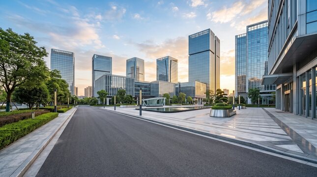 Modern glass skyscrapers rise in a business district with landscaped greenery and a clear sky