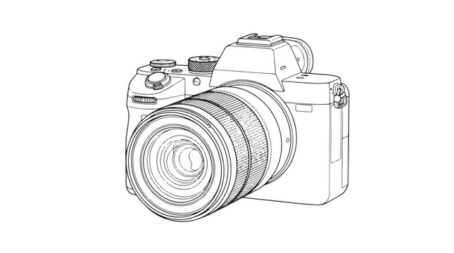 Professional mirrorless camera line art vector, modern digital SLR camera illustration, minimalist photography equipment icon isolated on White Background