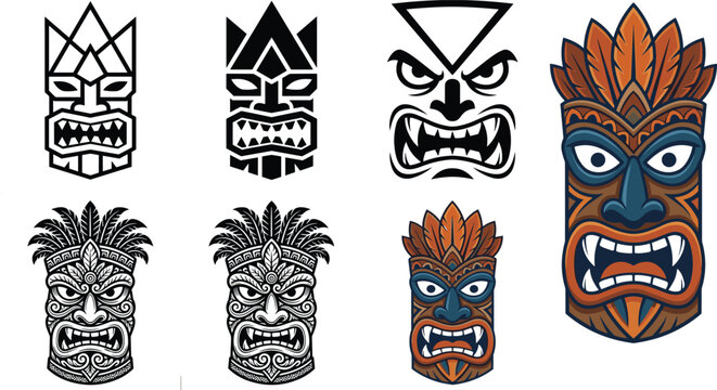 Tribal Tiki Mask Collection with Polynesian Inspired Warrior Faces and Decorative Patterns