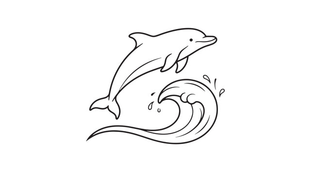 Minimalist dolphin jumping over ocean wave vector, hand drawn aquatic mammal line art, simple sea life illustration for coloring isolated on White Background