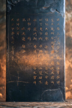 Centered front view of bluestone stele, incised regular script light strokes, golden light flowing from deep carvings, subtle weathering cracks and pits, top-down lighting, monumental simplicity asset