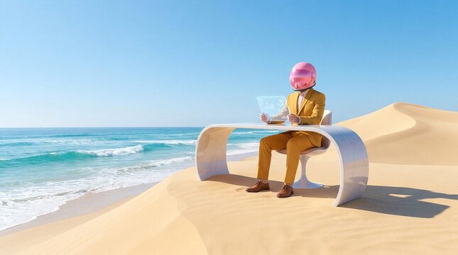 Futuristic remote work: person in helmet using holographic laptop on desert beach