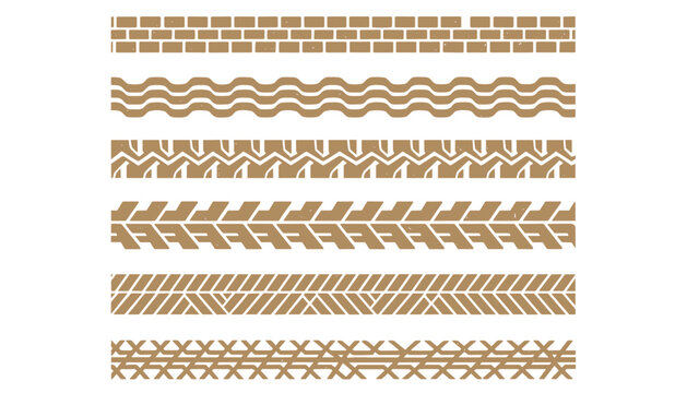 Six decorative horizontal brown border patterns with geometric tire tread, wave, and brick designs on white background.
