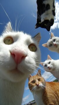 Group of four cats with varying fur colors and patterns, including white, orange, and black, looking directly at the camera against a clear blue sky