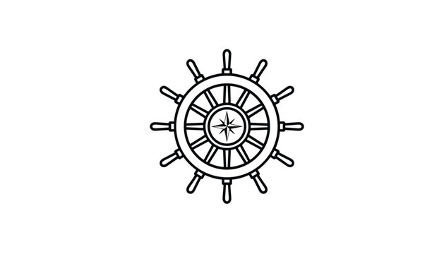 Marine steering wheel line icon represents nautical navigation, sailing adventures, and maritime ship helm steering control.