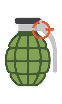 Stylized hand grenade icon with segmented pattern and mechanical trigger handle isolated on white background. Weapon and security concept