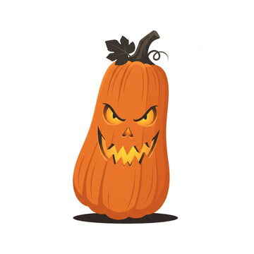 A tall stylized jack-o-lantern with an intimidating carved face, sharp eyes, and a jagged toothy grin. The orange pumpkin is presented as a spooky Halloween character in a clean isolated illustration 