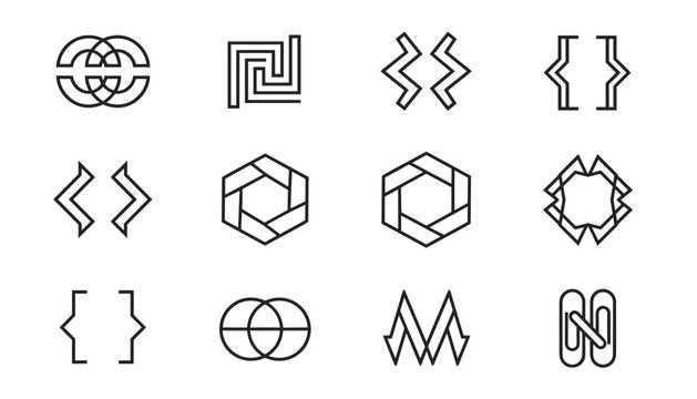 Grid of twelve abstract geometric logos and bracket symbols shows clean line structures, hexagons, and overlapping circles.