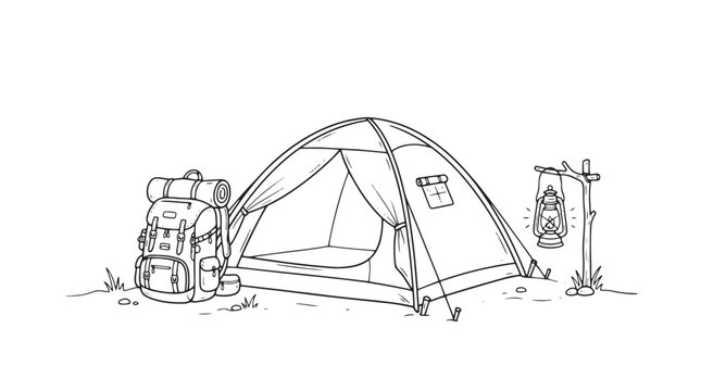 Minimalist camping tent line art, outdoor hiking backpack and lantern vector, simple campsite sketch for nature travel