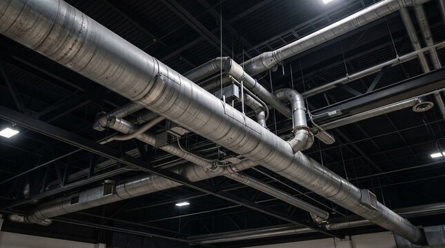 Industrial ventilation ductwork system with stainless steel pipes and clamps in dark factory setting