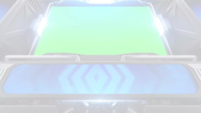 3D Futuristic Sci-Fi Studio Display Screen Green Screen Template with Animated Tech HUD Graphics