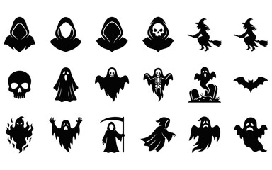 Fototapeta premium Set of black silhouette icons featuring various spooky halloween characters like ghosts witches skulls and grim reaper