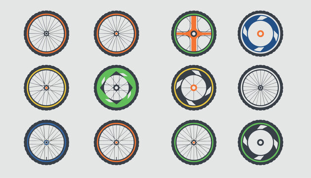 Twelve stylized bicycle wheels with various colorful rims, spokes, and hub designs displayed in a clean graphic grid.