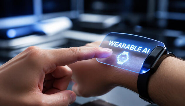 Futuristic wearable device displays artificial intelligence text on a transparent glass interface during a tech demo