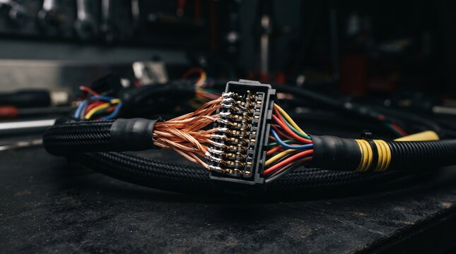 Close-up of automotive electrical wiring harness with colorful connectors and cables for vehicle repair