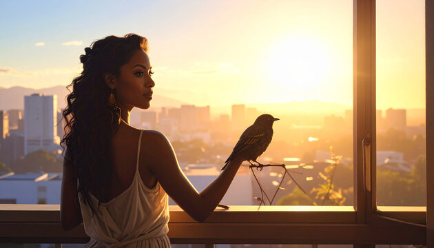 Woman and bird silhouette at sunrise
