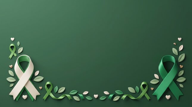Green ribbons and leaves arranged as a decorative frame for promoting awareness about mental health issues