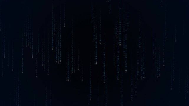 binary code digital data stream falling on dark background representing cybersecurity and programming concept