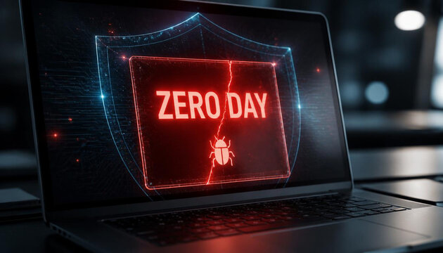 Glowing zero day vulnerability warning sign displayed on a modern laptop screen with sharp red text