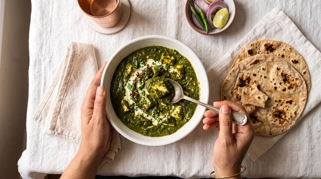 Person eating creamy saag paneer with roti bread in a top down view