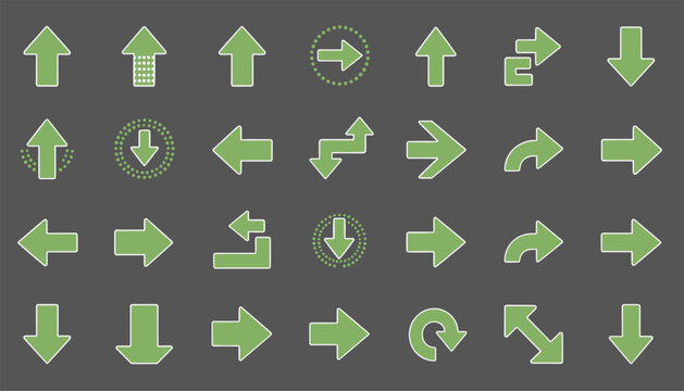 Thirty diverse green arrow symbols, including direction pointers, bends, and circular loops on a dark grey background.
