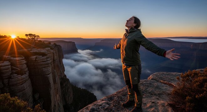 Woman arms outstretched sunset landscape