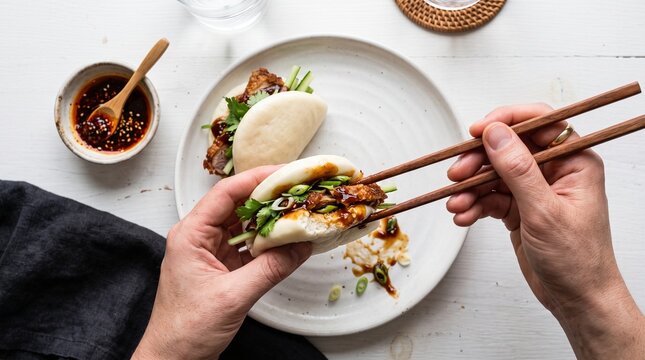 Person eating crispy duck bao bun with chopsticks on a white plate