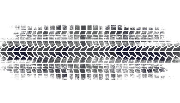 Textured black tire track print with realistic rubber tread pattern and grungy ink marks stretching across a white background.