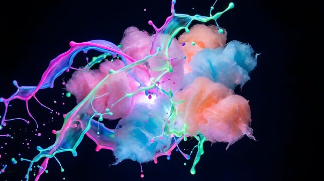 Colorful paint splash and smoke explosion on black background for creative design projects