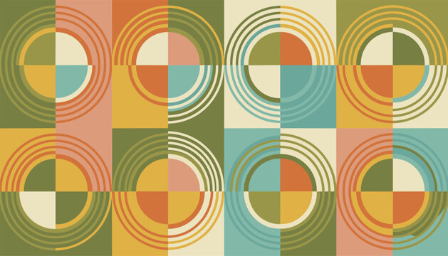Retro geometric repeating pattern composed of split circles and quartered shapes in warm autumn earth tones.