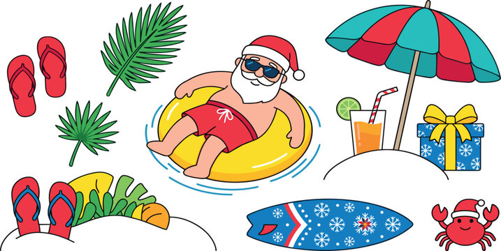 Tropical Christmas in July beach elements set featuring surfing Santa Claus and summer vacation icons vector
