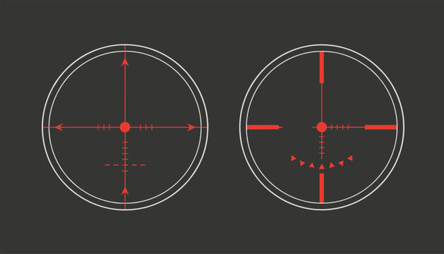Sniper rifle scope reticles with detailed measurement crosshairs highlighted in red on a dark gray background.