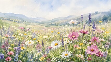 Fototapeta premium Watercolor wildflower meadow landscape with blooming flowers, soft mountains, and dreamy countryside scenery