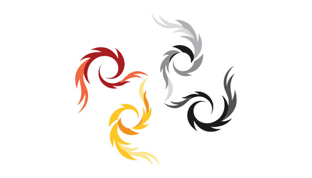 Group of three stylistic flame swirls in fiery orange, dark black, and light silver color schemes on white.