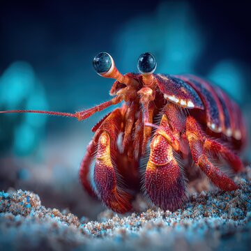Close-up of a vibrant red hermit crab with large eyes and intricate shell details, resting on sandy ocean floor with blurred underwater background