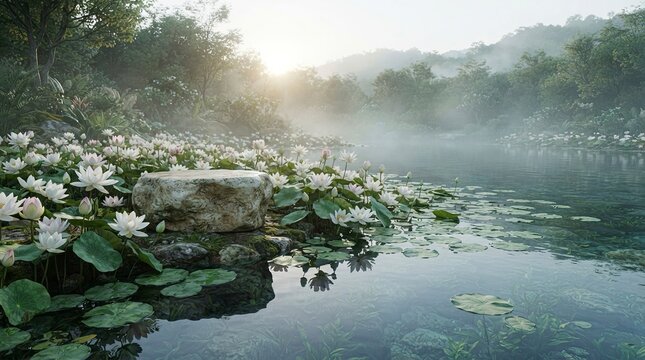 Stone podium in serene lake surrounded by white lotus flowers under morning sun and misty forest