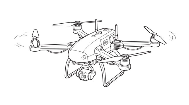Technical drone line art illustration, professional quadcopter with camera vector, modern aerial photography equipment sketch