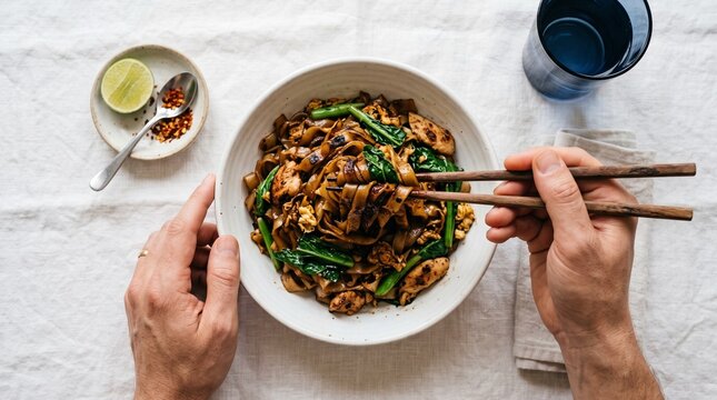 Person eating Pad See Ew stir fried noodles with chopsticks from a white bowl