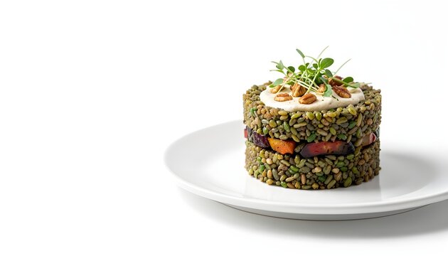 Freekeh gourmet roasted vegetable timbale premium commercial food photography