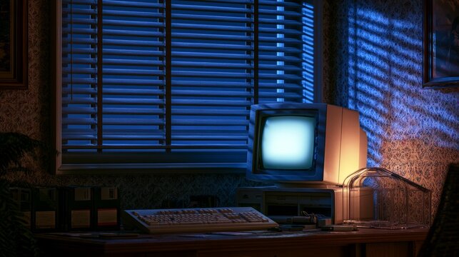 Desktop Computer with CRT Monitor and Keyboard in Dark Vintage Office Interior with Blue Window Light