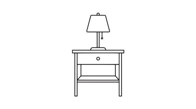 Minimalist nightstand with table lamp vector illustration. Wooden bedside table with drawer and shelf. Modern bedroom furniture line art.