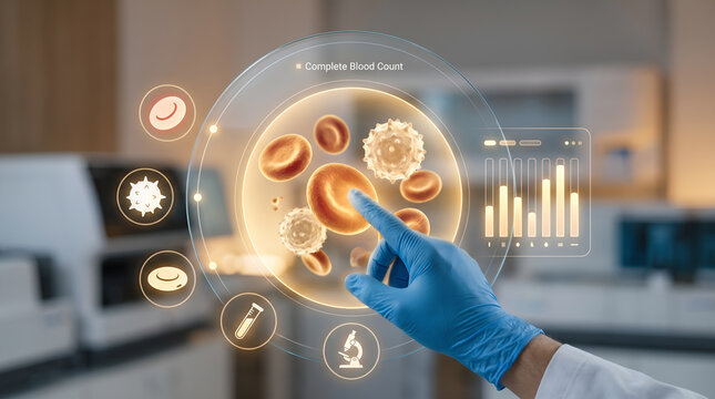 Futuristic complete blood count analysis on virtual interface, scientist hand in blue glove touching digital blood cell hologram, modern laboratory medical technology concept