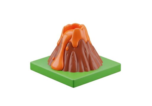 Stylized 3d volcano toy with orange lava flowing on green base