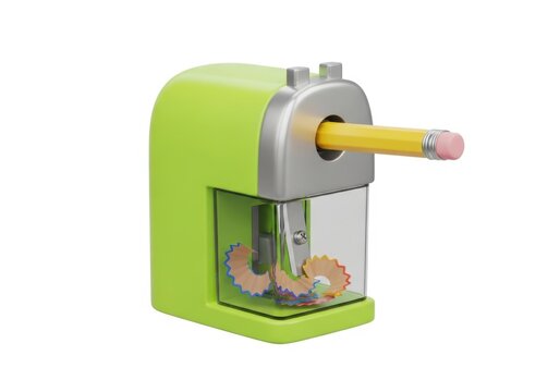Green manual pencil sharpener with a yellow pencil inside