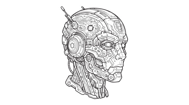 Futuristic cyborg head vector illustration, robotic android face line art, sci-fi mechanical humanoid portrait for coloring or gaming