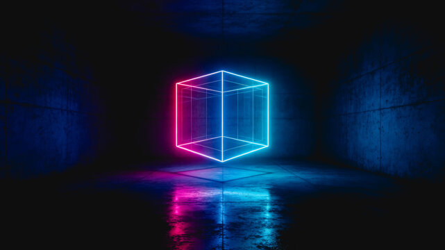 A glowing neon wireframe cube with pink and blue lights floats in a dark concrete empty room, with sharp reflections on the smooth floor.